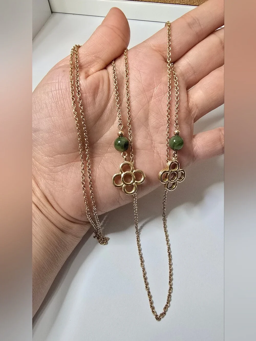 Vintage Gold Clover Jade Stone Lariat Necklace